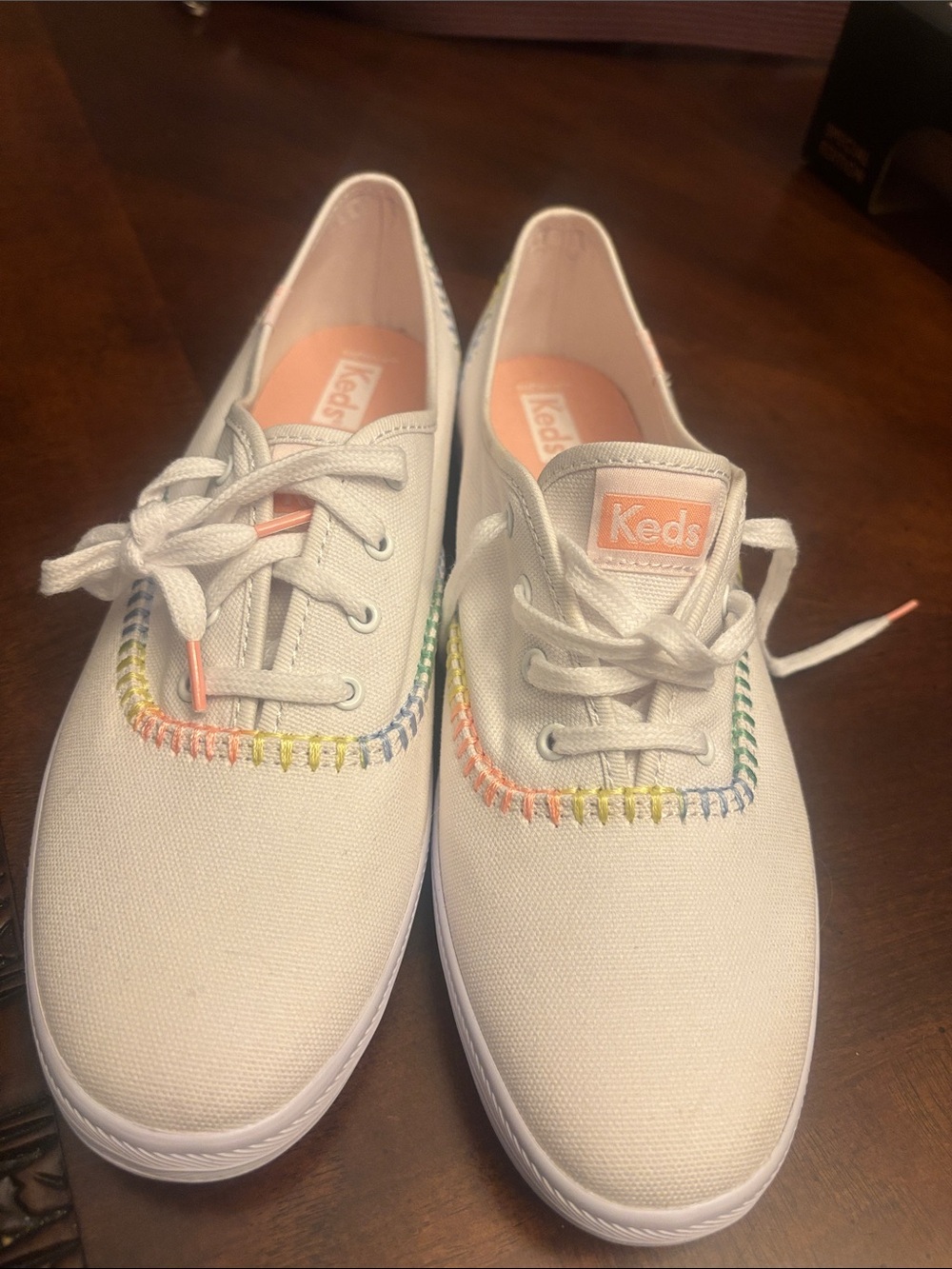 Keds White Canvas Sneakers with Rainbow Stitching